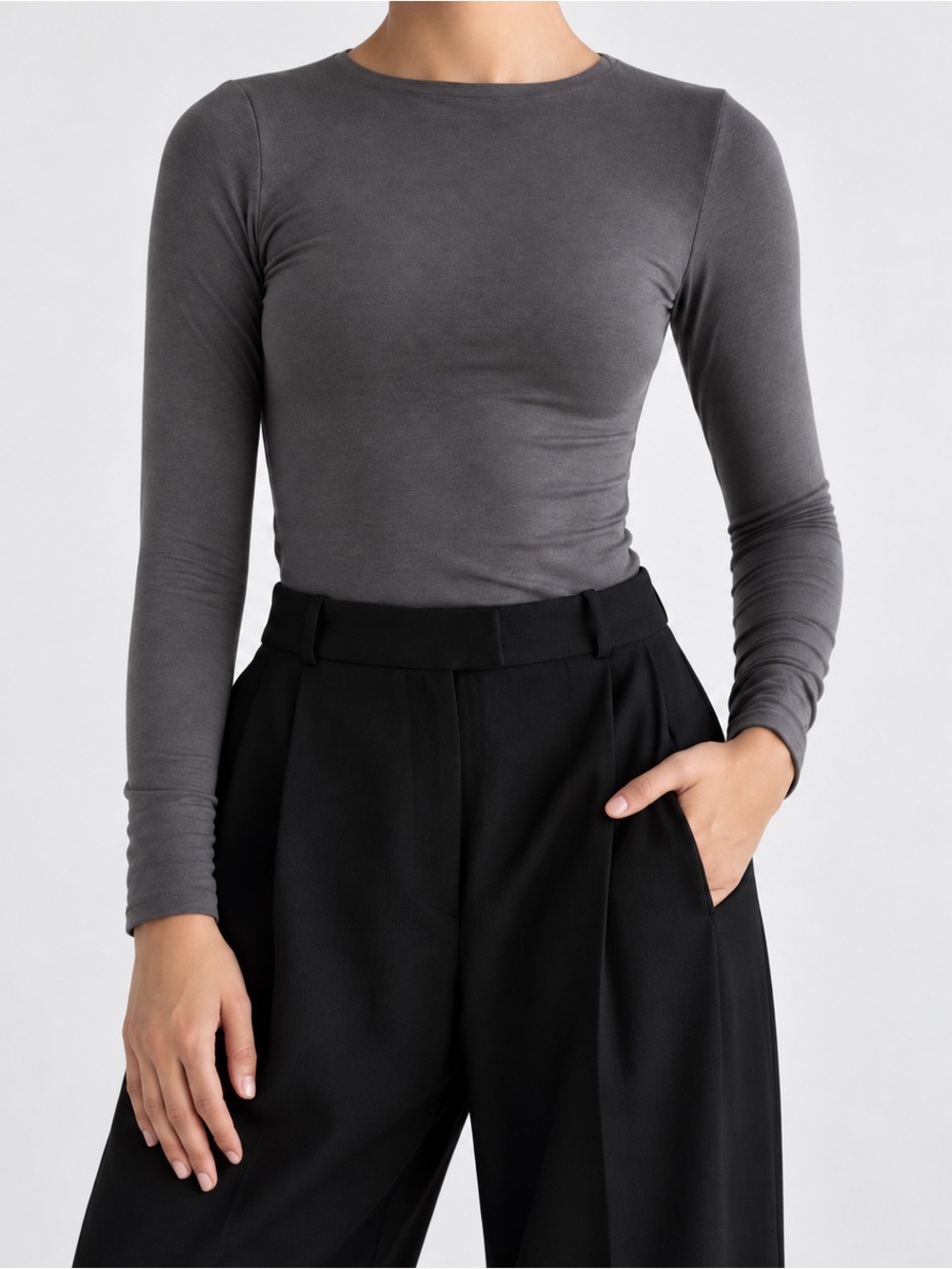 RE ONA Signature Long Sleeve No Bra Top Charcoal Modal Size S